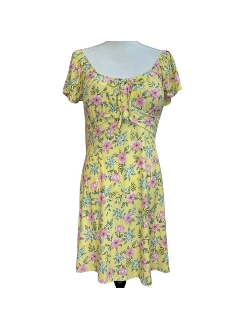 DEREK HEART Floral A-Line Multicolor Spring Dress Flutter Sleeves Stretchy XL EC